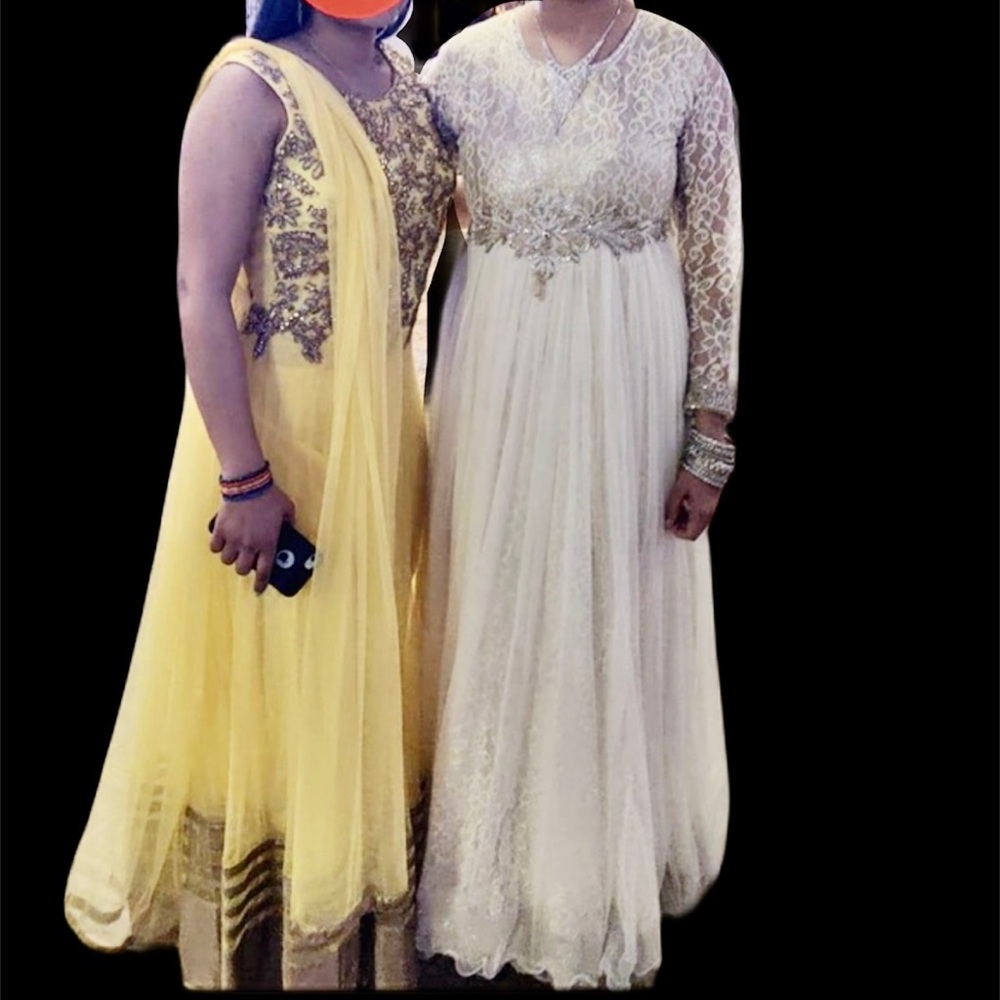 Lace‎ Anarkali White Gold and Silver Dress